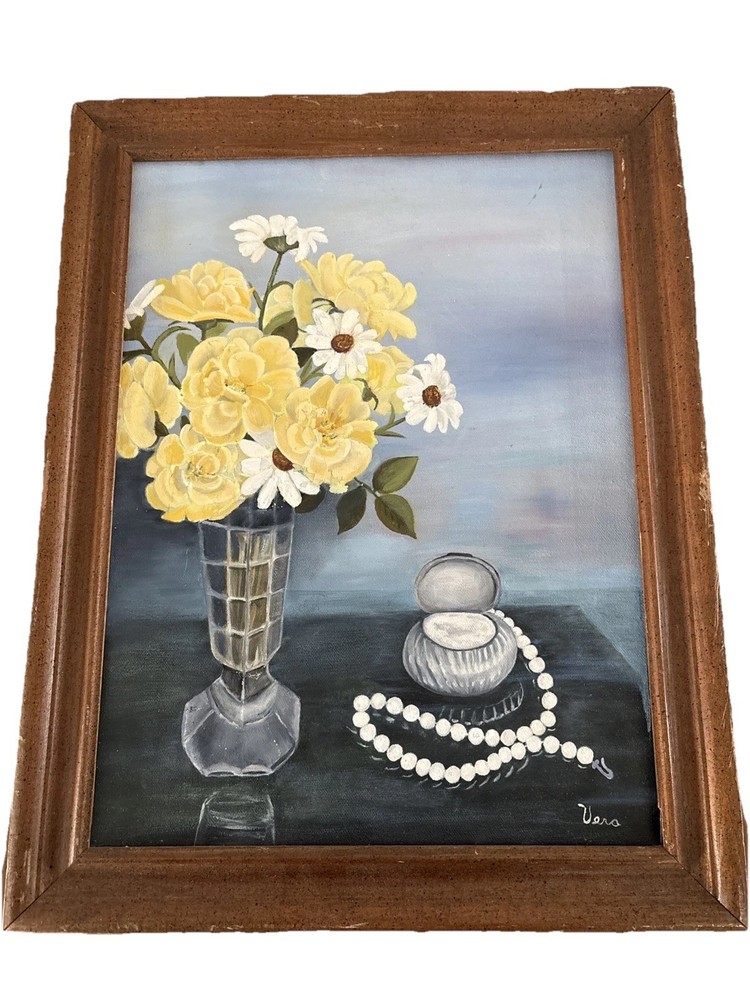 Framed Canvas Painting Signed By Artist Flowers Pearls Yellow Blue White