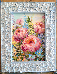 FORGET-ME-NOT and ROSES ORIGINAL OIL impasto Painting 7″x 5″ by Olga Diduh.