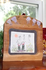 VTG Asian Hand Painted Art Work on Fabric w/ Unique Wood Frame Signed By Artist