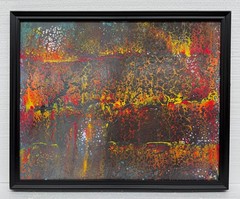 Original 32″ Abstract Acrylic Free Pour Red Orange Blue Fluid Framed Canvas Art