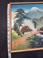 2 Vintage Chinese Waterfall Mountain Paintings on Silk Glass Bamboo Wood Frames