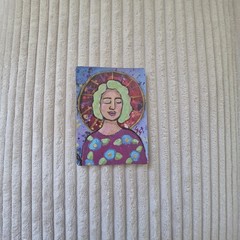 ORIGINAL ACEO Folk Art Painting Girl Woman Halo Flower Portrait Glitter Beauty