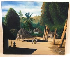 Mercie Moise – Original Vintage Oil on Canvas – Haitian Colorful Village Scene