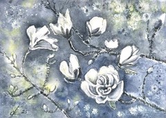 Magnolia in spring, white flowers Original Watercolour Wall Design Black WhiteA4