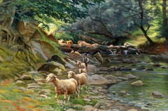 Art Oil painting man shepherd with his sheep by the creek in forest Hand painted