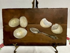 Antique Double Sided Oil Painting on Wood Panel – Dog Portrait & Egg Still Life