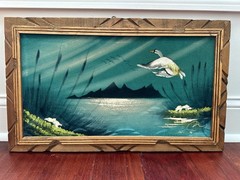 VTG Mid Century Blue Velvet Surreal Landscape W/Carved Frame 22.5 X 12.5