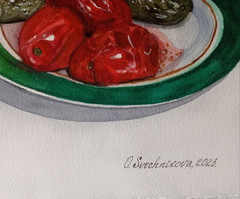 paintingwatercolorstilllifegiftpickledcucumbersandtomatoesonaplateaglasshandmade