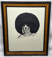 Vintage Original 1973 Ink Portrait African American Woman w/ Large Afro Signed
