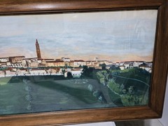 16.5 X 43 -watercolor under glass-„Townscape in Italy“- Framed-Signed by ARTIST