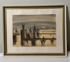 Vintage Prague Charles Bridge Original Watercolor Painting 1986 Signed Framed
