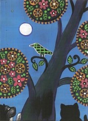 ACEO PRINT OF PAINTING RYTA CROW RAVEN FOLK ABSTRACT TUXEDO BLACK CAT Folk Art