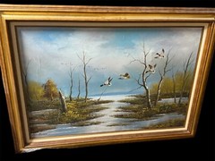 P. Citrin Signed Oil Painting Ducks Flying At Lake, Good Size