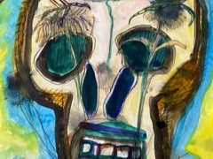 Mexican Folk Art David Mecalco Skull With Restless Birds Still Life Watercolor