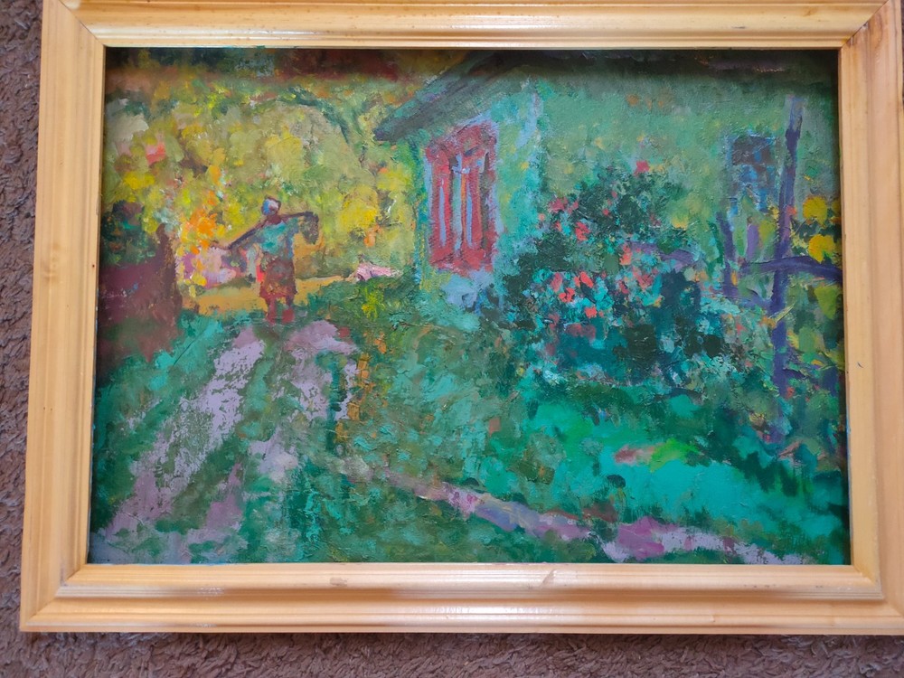Painting. Near the house, for water. Oil on cardboard.