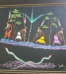Vintage African Folk Art Matted Signed Painting. Cultural Decor. Poto-Louis