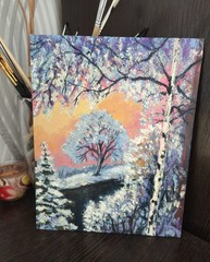 Landscape Oil Painting 30x24cm Snow Sunset Winter Scene on Canvas Board Art