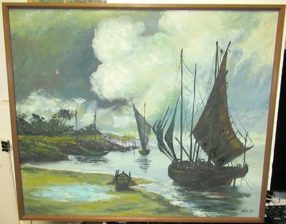 CHO ASIAN FISHING SAILING BOATS ORIGINAL OIL ON CANVAS SEASCAPE PAINTING