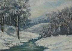 Vintage Unsigned Oil on Board Painting of a Winter Snow Scene With Stream