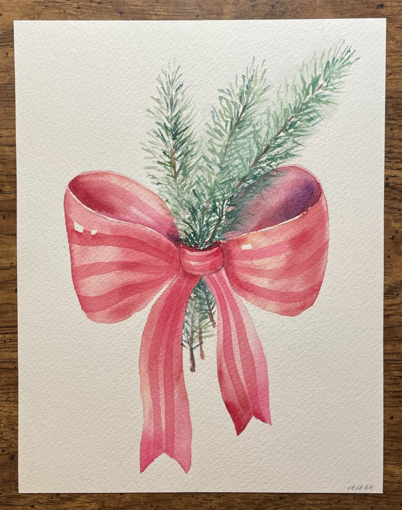 Original Watercolor Painting Christmas Tree Branches and Red Bow – 7×9 inches