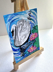ACEO original acrylic SWAN in pond miniature painting art card by CRC