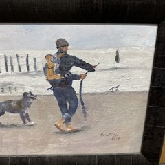 Nina Fritz Framed Original Painting Man Baby Dog on Beach Oil Canvas Board