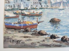 Antique G. BURA Watercolor Gouache Painting Mediterranean Coast Scene