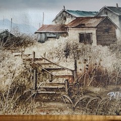Vintage Art by Peters-Oil on Canvas-Framed Painting-Rural Scene-Beautiful