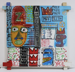 JEAN-MICHEL BASQUIAT ACRYLIC ON CANVAS 1982 WITH TIED WOOD SUPPORTS 35 X 35 in