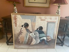 E Lee Vtg. Large Original Acrylic on Canvas( Indian Women) (42in x52in) Framed