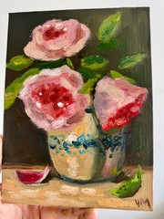 Roses Oil Painting Flowers Still Life Original Floral Impasto Vintage Art 8×6