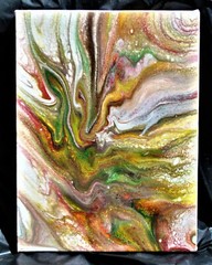 Original Unique Red, Green, Yellow & Brown Pour Painting 6×8 inch canvas panel