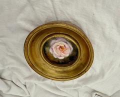 Romantic Pink Rose Miniature Oil Painting in Vintage Gold Frame – Flower Art