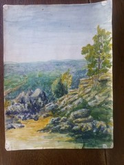 panoramic rocky outcrop french watercolour 1960’s .