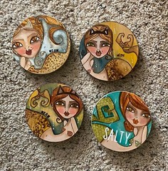Mermaid Original Art Set of 4 – Cat Theme Mermaid – Round Wood Discs – CUTE