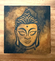 Small Art Contemporary Abstract Buddha Painting on Wood Panel Shelf Sitter