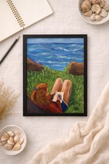 Coastal Ocean Painting 11×14 Beach Scene Girl Reading Seascape Art