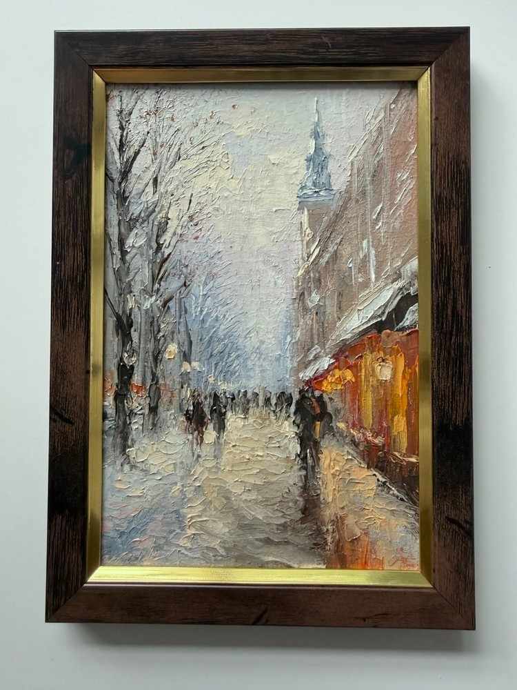 Original Oil Painting Framed 6x4in Winter Street Snowy Cityscape Signed