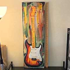 TLC Signed Abstract Guitar Canvas Painting Music Theme Unframed 35×12 in