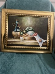 21”x17.25” Gold Framed Oil Still Life Chianti Veg Bowl Cloth Signed Beaumont