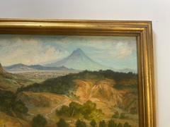 VINTAGE OIL PAINTING PLEIN AIR LANDSCAPE IMPRESSIONIST VILLAGE VOLCANO VIEW