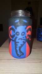 Original acrylic hand painted glass jar blue, red and black storage container