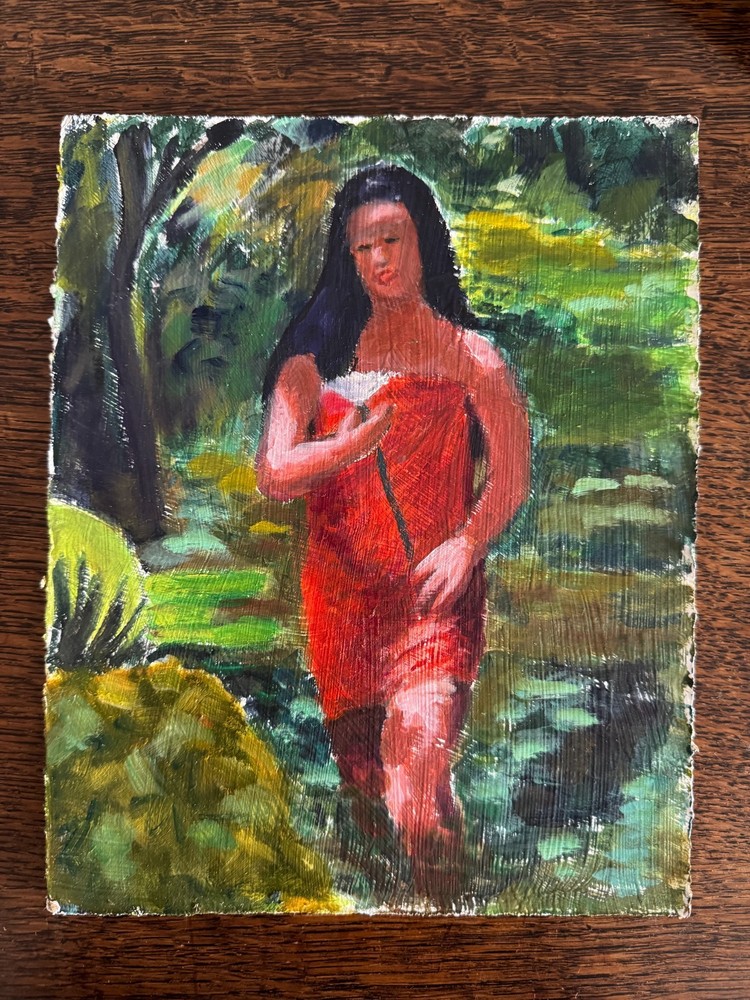 Vintage Portrait Acrylic Cardboard Painting Polynesian Woman 8×10 Peter Feldman