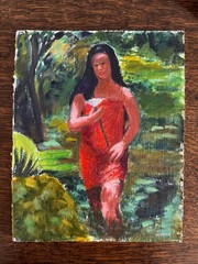 Vintage Portrait Acrylic Cardboard Painting Polynesian Woman 8×10 Peter Feldman