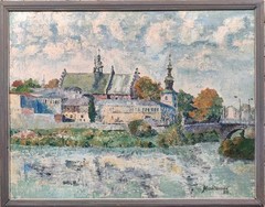 MEDIEVAL TOWN OF KRAKOW, POLAND, original oil painting, dated 1988