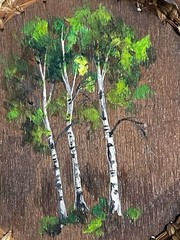 Vintage FOLK ART, Wood & Pine Needle & Raffia Weaving & Birch Tree Painting ART