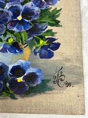 Original Floral Still Life Painting Blue Pansies in Bowl Linen on Board Signed