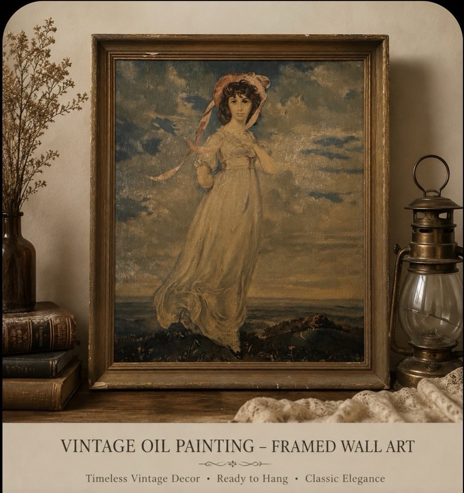 Vintage MCM Pinkie Painting Lawrence Worn Wood Framed Textured Print 26×23
