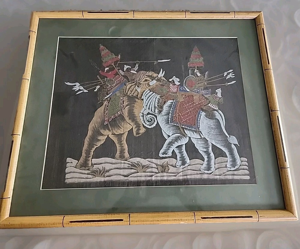 Vtg Silk Painting Indian/Thai Mughal Battle Scene With Elephants Fabric 26x22in