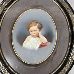 Biedermeier Children Picture Oval Oil Painting or Gouache 19th Century Painting